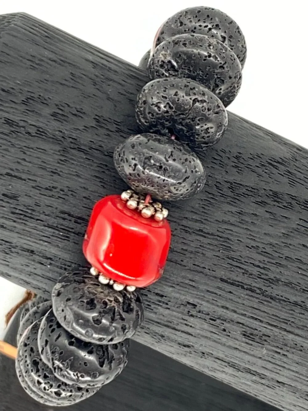 Carol Bradley Bracelet Black Lava Rock Red Coral Sterling Silver 925 Clasp